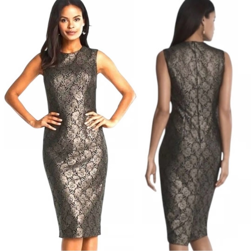 WHBM Black Gold Lace Overlay Shimmer Shift Dress Classic Cocktail Elegant Pewter